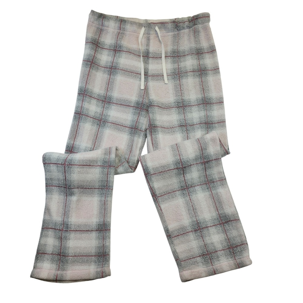 Cozycore Plaid Fleece Pajama Pants Pink Grey Soft Lounge L Fuzzy Casual Warm